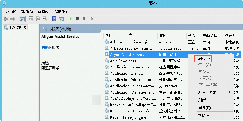 启动Aliyun Assist Service服务